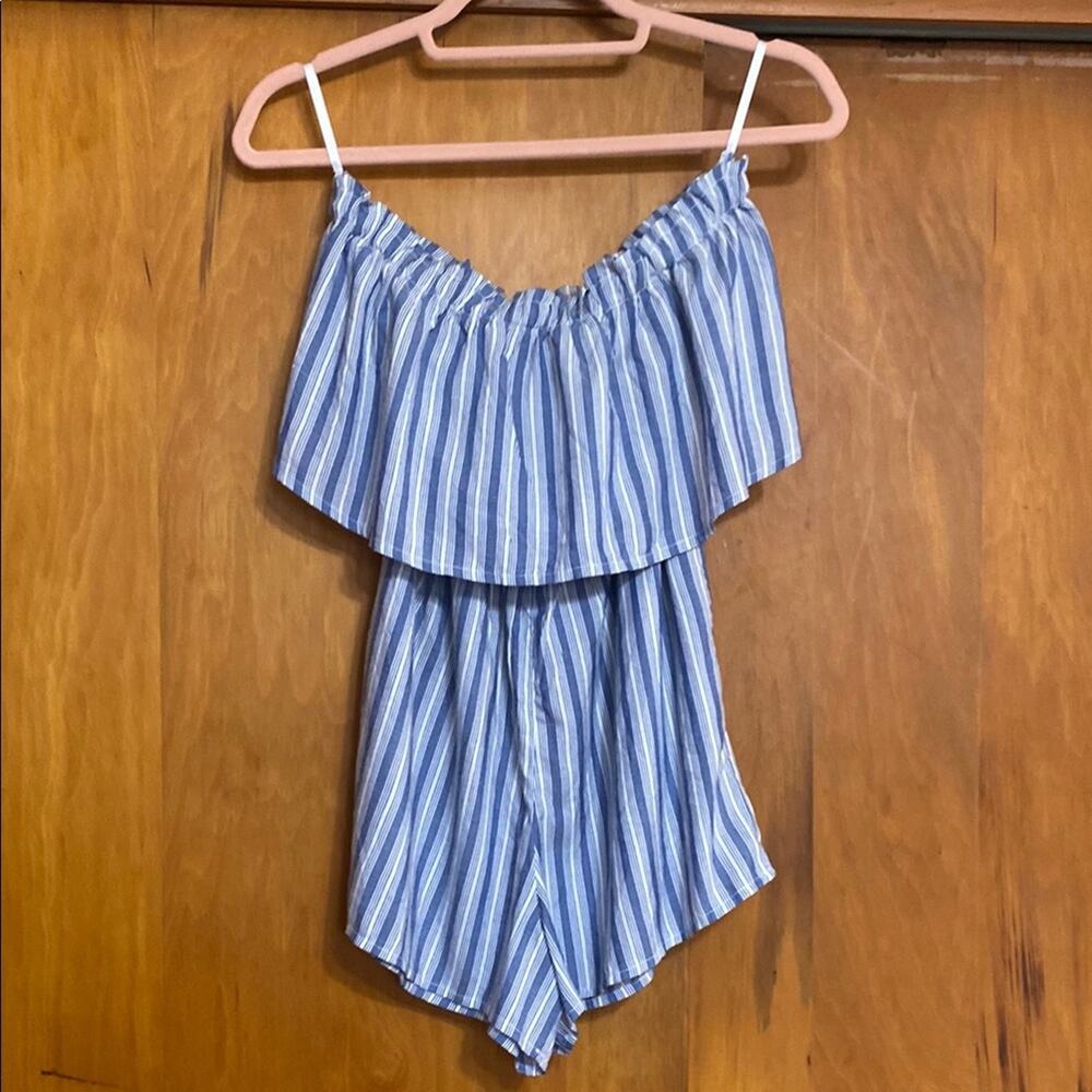 Hollister Blue White Striped Strapless Ruffle Top Romper Pockets Boho Beach Sun